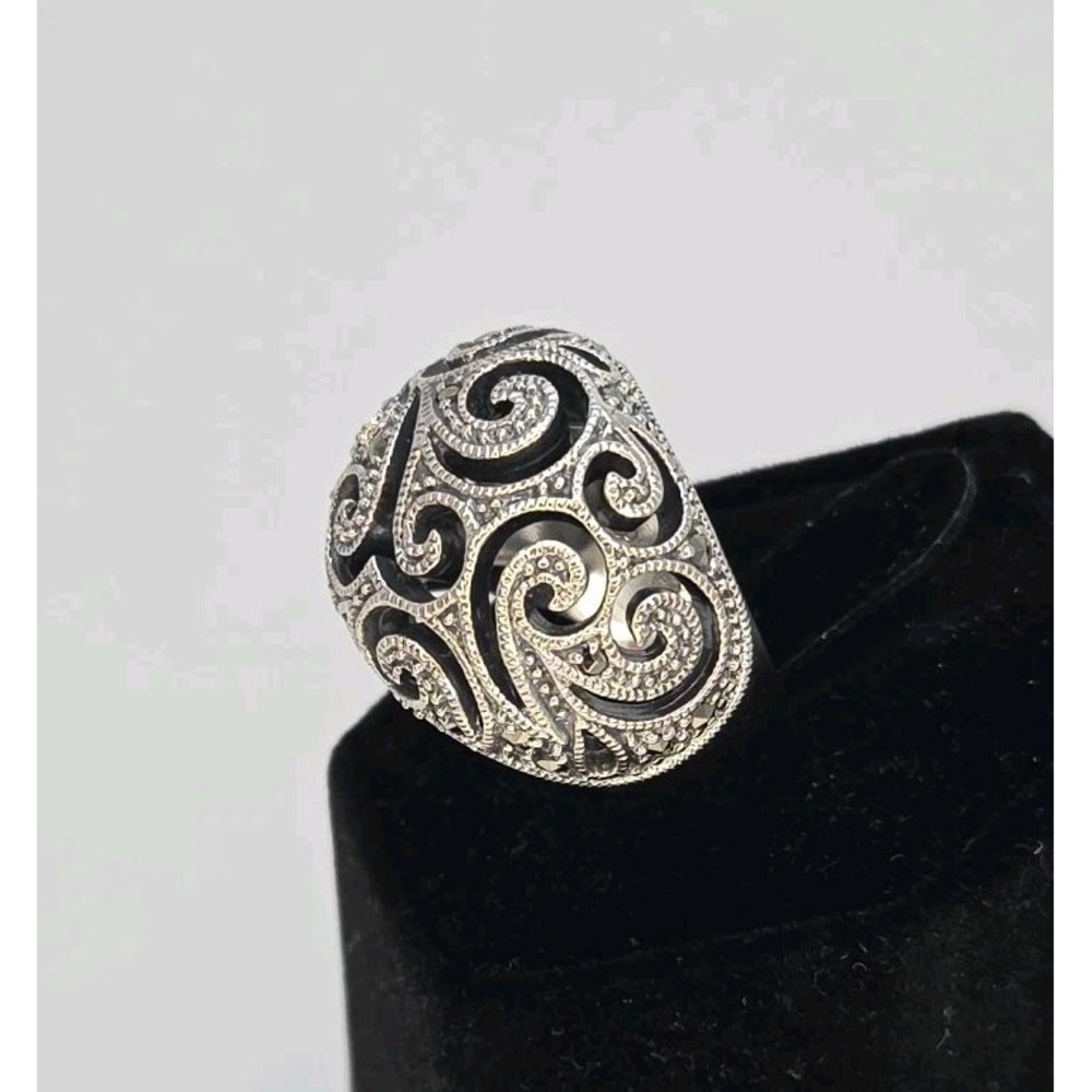 Marcasite Dome Sterling Silver Filigree Ring‎ Sz 5 - Picture 4 of 6